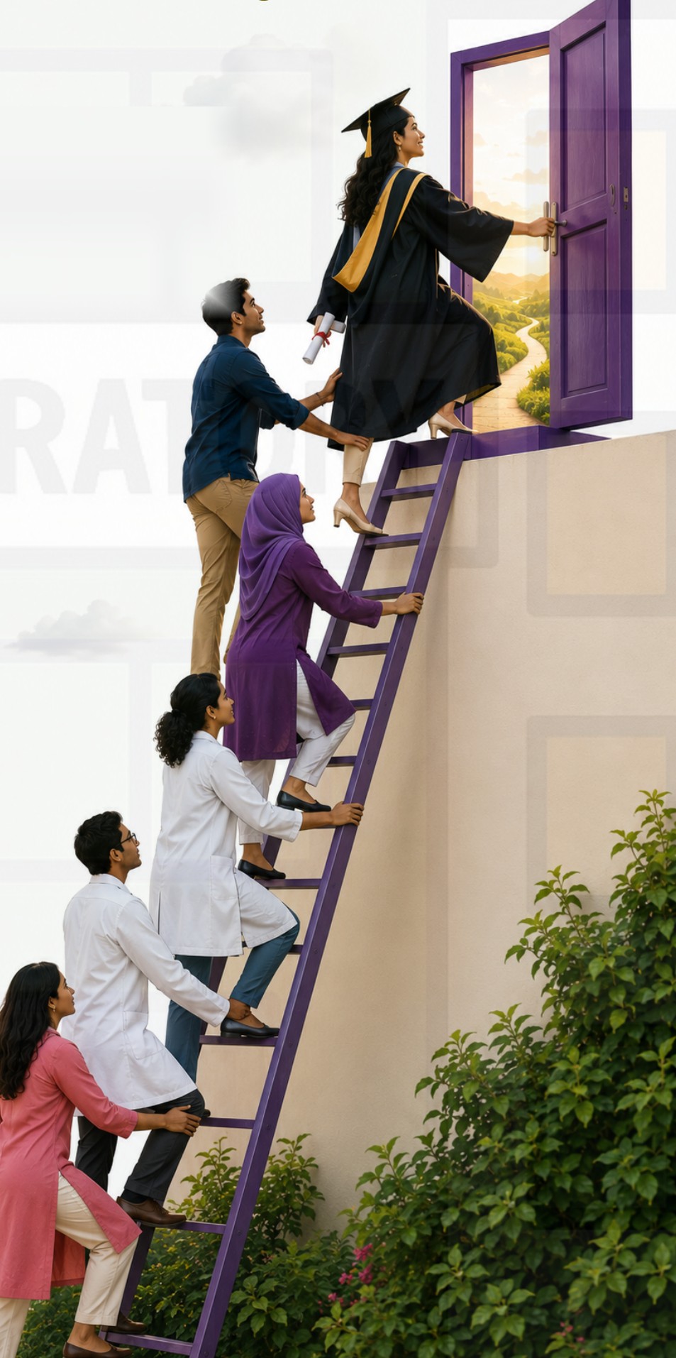 Scholars climbing a ladder toward an open door